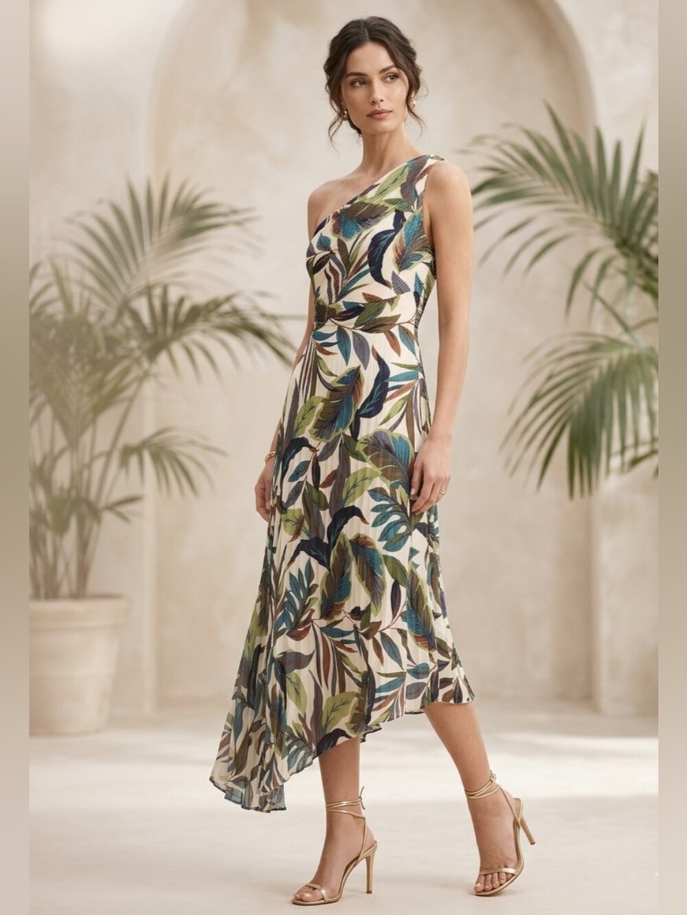 NICOLE MILLER | One-Shoulder Leaf-Print Midi Dress in Multi Green and Blue